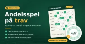 Grafik om andelsspel på trav med rubriken "Andelsspel på trav", en systemspelskupong med 20 andelar och ett cirkeldiagram som visar att 2 av 20 andelar ger 1/10 av vinsten.