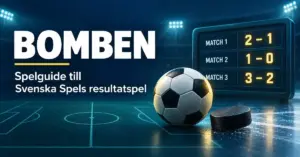 Grafik för spelguiden till Bomben med en fotboll, en hockeypuck och en resultattavla med tre matchresultat mot en mörkblå sportarena.