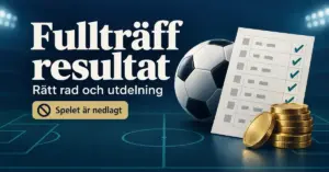 Illustration med fotboll, resultatkupong och mynt samt text om Fullträffs resultat, rätt rad och utdelning och att spelet är nedlagt.