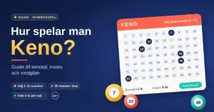Illustration av en Keno-kupong med talserien 1–70 där sex kenotal är markerade, dragna nummerbollar och rubriken "Hur spelar man Keno?" på mörkblå bakgrund.