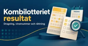 Illustration om Kombilotteriets resultat med en lott, en resultatlista, ett förstoringsglas med bock och en kalender markerad med fredag.