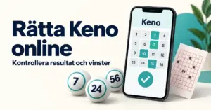 Illustration av en mobil med markerade Kenonummer, tre numrerade bollar och en spelkupong intill texten ”Rätta Keno online – Kontrollera resultat och vinster”.