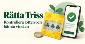 Illustration med texten ”Rätta Triss”, en skraplott med klöversymboler, ett mynt och en mobiltelefon med en grön bock som symboliserar kontroll av lotten.