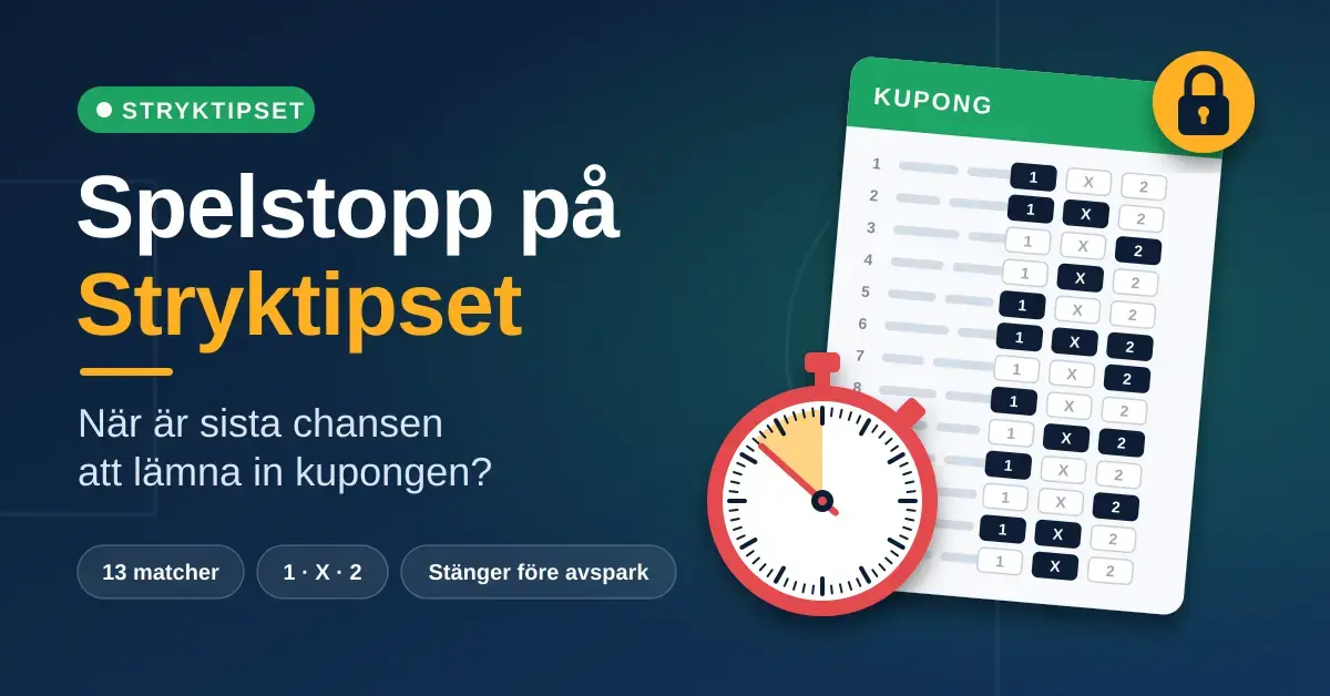 Illustration med rubriken "Spelstopp på Stryktipset", där ett stoppur som närmar sig full timme ligger framför en ifylld tipskupong med 13 matcher och tecknen 1, X och 2, samt en låssymbol som visar att kupongen stänger vid spelstopp.