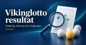 Illustration av en lottokupong med markerade rätt, ett förstoringsglas och lottobollar intill texten ”Vikinglotto resultat – Dragning, rättning och vinstgrupper”.
